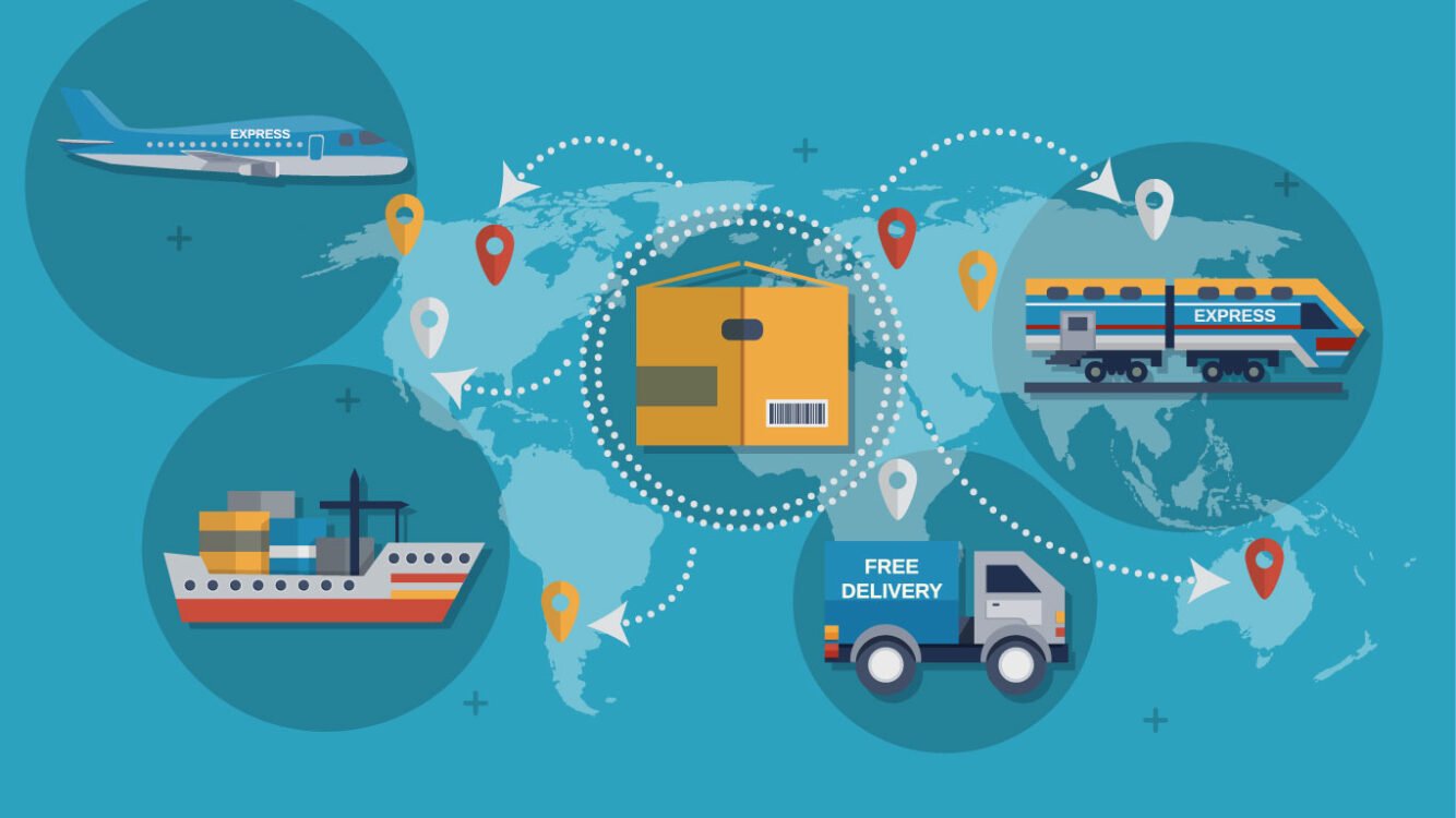 "Global logistics solutions with air, sea, road, and rail transport"